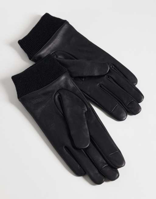 ASOS DESIGN guantes de cuero con puño acanalado en negro, 2 de 3