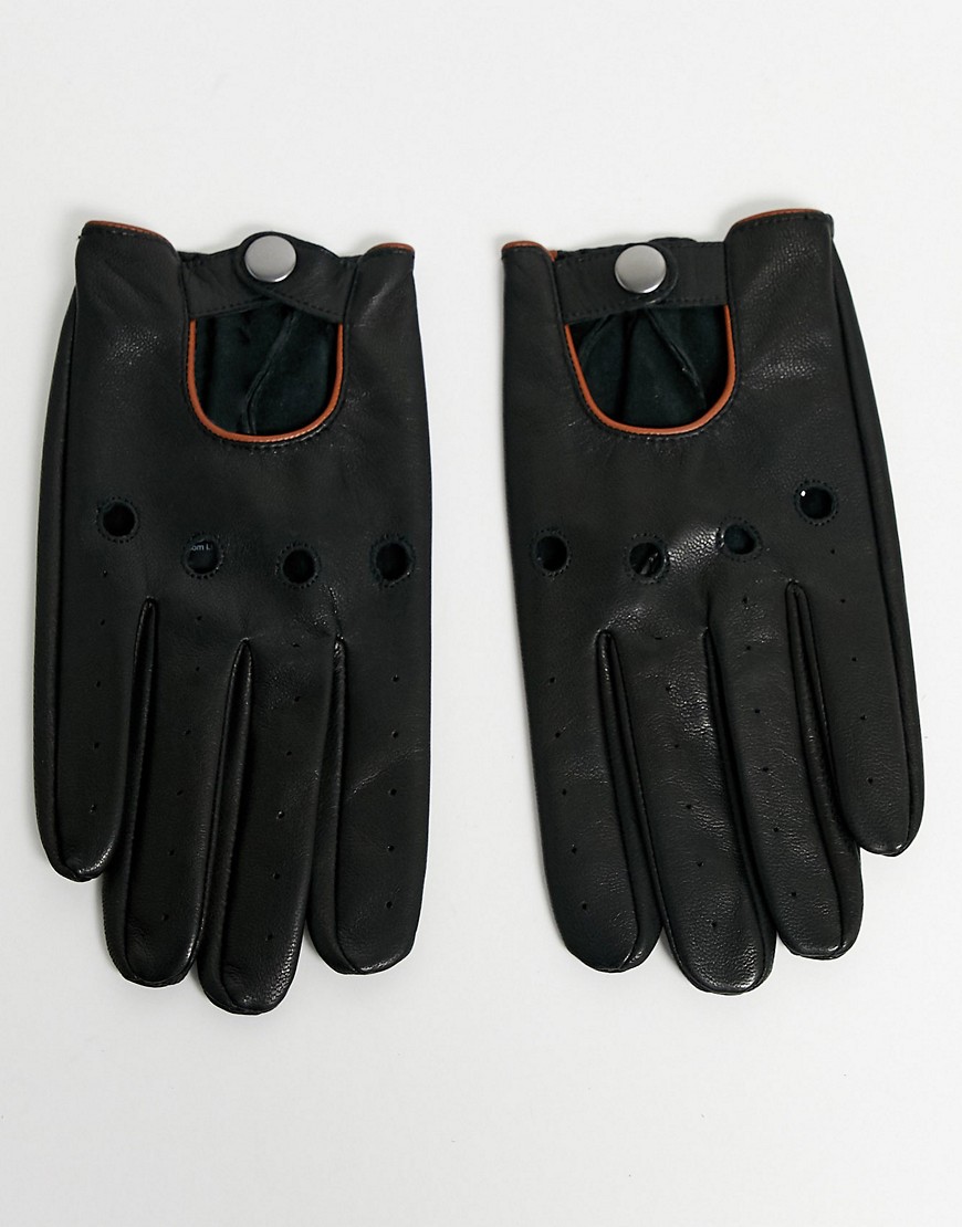 ASOS DESIGN - Guanti da guida touch screen in pelle nera con profili color cuoio-Nero