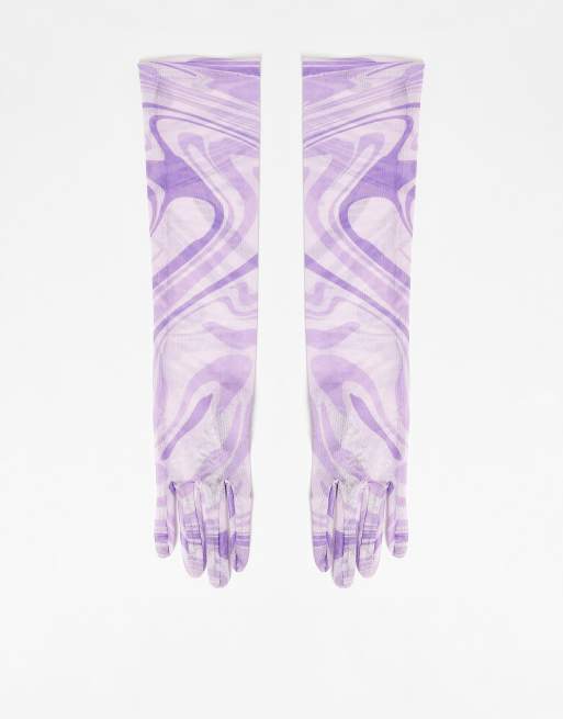 ASOS DESIGN - Guanti taglio lungo in rete lilla con stampa astratta