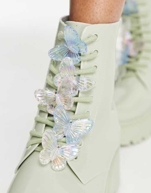 ASOS DESIGN Guava butterfly lace up gumboots in mint green, 3 of 4