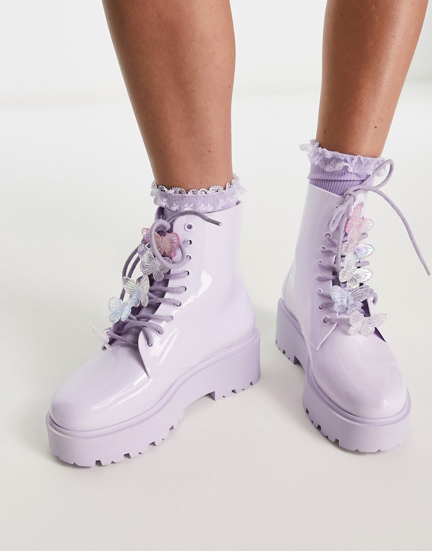 Asos Design Guava Butterfly Lace-up Rain Boots In Lilac-purple