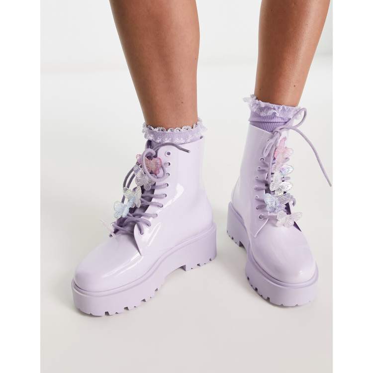 ASOS DESIGN Guava butterfly lace up rain boots in lilac ASOS