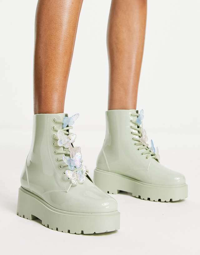 ASOS DESIGN Guava butterfly lace-up rubber boots in mint green