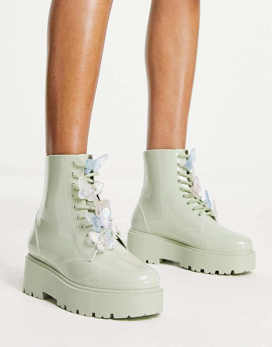 ASOS DESIGN Guava butterfly lace up wellies in mint green