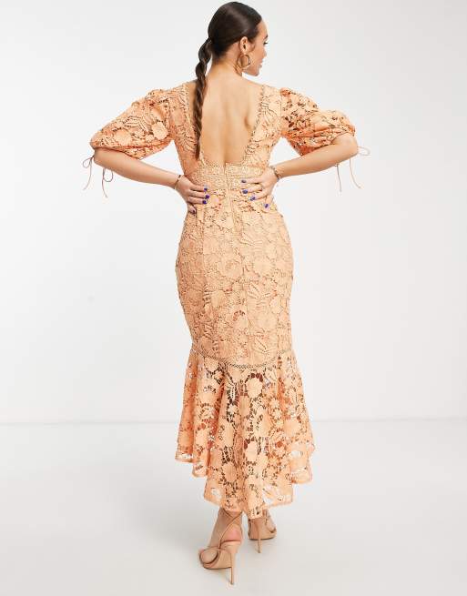 ASOS DESIGN guipure lace midi dress with puff sleeve and tie back in orange