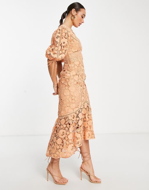 ASOS DESIGN guipure lace midi dress with puff sleeve and tie back in orange