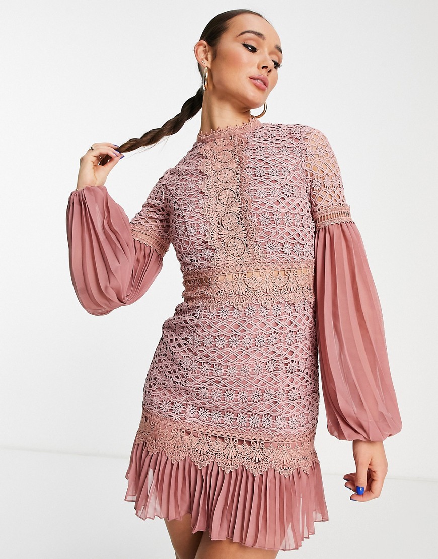ASOS DESIGN guipure lace mini dress with pleated pep hem and sleeve-Pink
