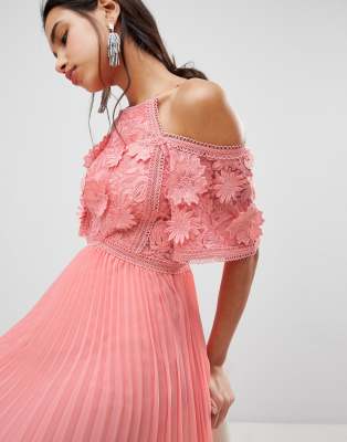 lace top midi dress with pleated skirt