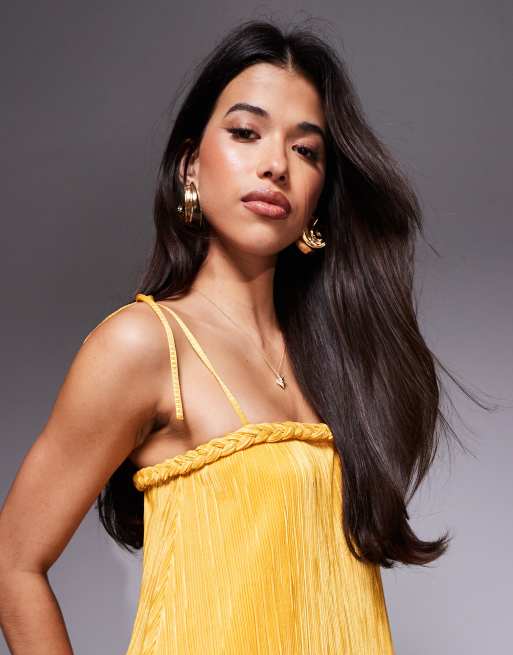 ASOS DESIGN – Gul, a-linjeformad miniklänning med axelband och böljande fåll, 3 av 4