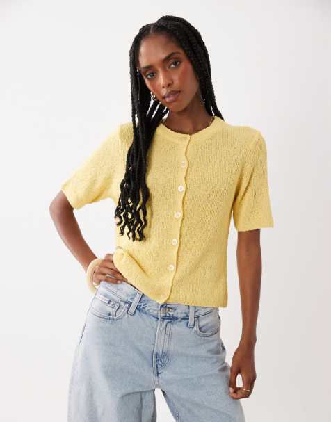 ASOS DESIGN – Gul, avslappnad kofta i slubbväv med korta ärmar - view 1
