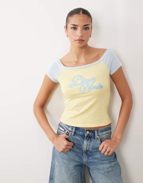 ASOS DESIGN - Gul baby-T-shirt med kontrasterende raglanærmer og broderet 'Playa Norte'-grafik - view 1