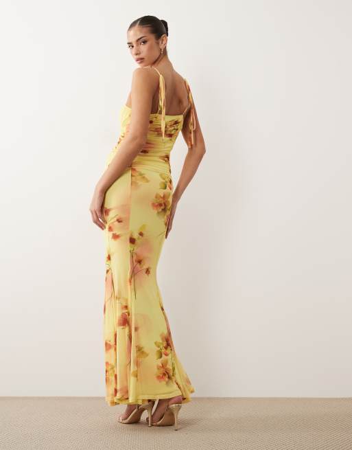 ASOS DESIGN – Gul, blommig klänning i mesh med fishtail och kontrasterande bystinfällningar, 3 av 4