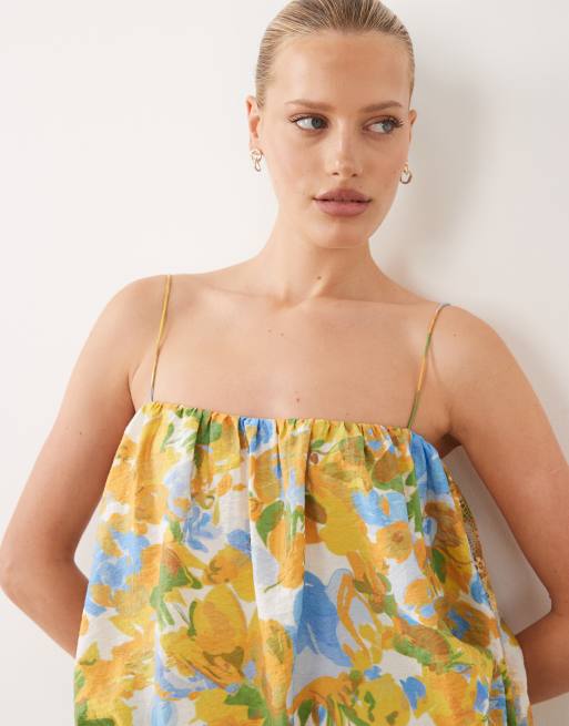 ASOS DESIGN – Gul, blommig midiklänning med ballongtopp och spetsapplikationer, 4 av 4