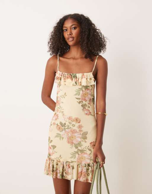 ASOS DESIGN – Gul, blommig miniklänning i mesh med smala axelband och volang, 3 av 4