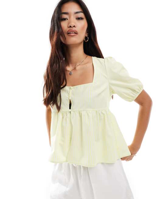 ASOS DESIGN - Gul bluse med knapper foran og striber i poplin