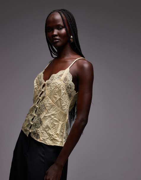 ASOS DESIGN - Gul cami-top med knapper foran og blonder i satin - view 1