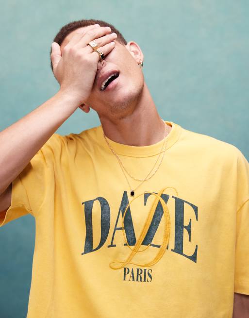 ASOS DESIGN – Gul, kraftig t-shirt i oversize med boxig passform och tryck framtill, 220gsm, 2 av 4