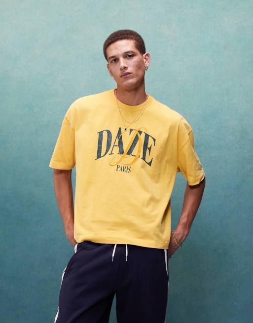 ASOS DESIGN – Gul, kraftig t-shirt i oversize med boxig passform och tryck framtill, 220gsm, 4 av 4