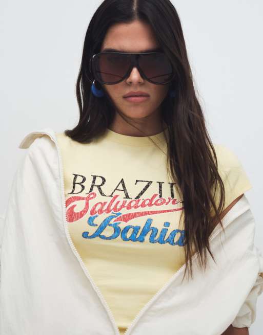 ASOS DESIGN – Gul, krympt t-shirt med Brazil Bahia-tryck, 3 av 7