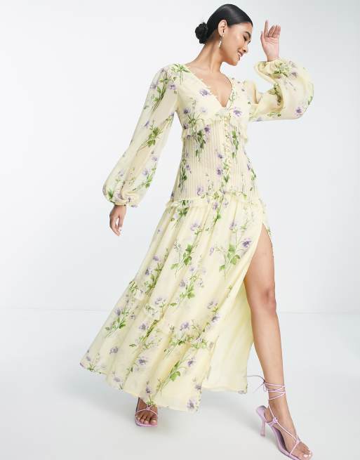 ASOS DESIGN - Gul maxikjole med pintuck og knapper samt blomstermønster