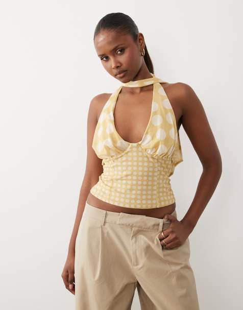 ASOS DESIGN - Gul med halterneck, tørklædedetalje og polkaprikker i mesh - view 1