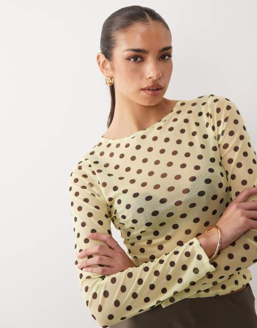 ASOS DESIGN – Gul och brun, prickig topp i mesh med långa ärmar, 2 av 4