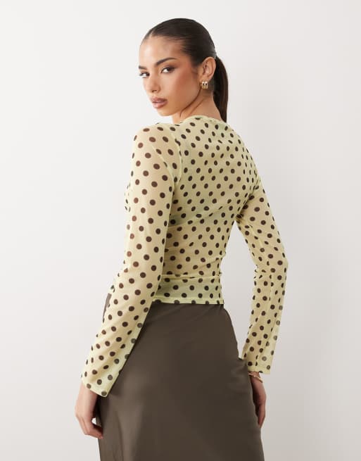 ASOS DESIGN – Gul och brun, prickig topp i mesh med långa ärmar, 3 av 4