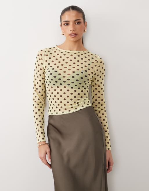 ASOS DESIGN – Gul och brun, prickig topp i mesh med långa ärmar, 4 av 4