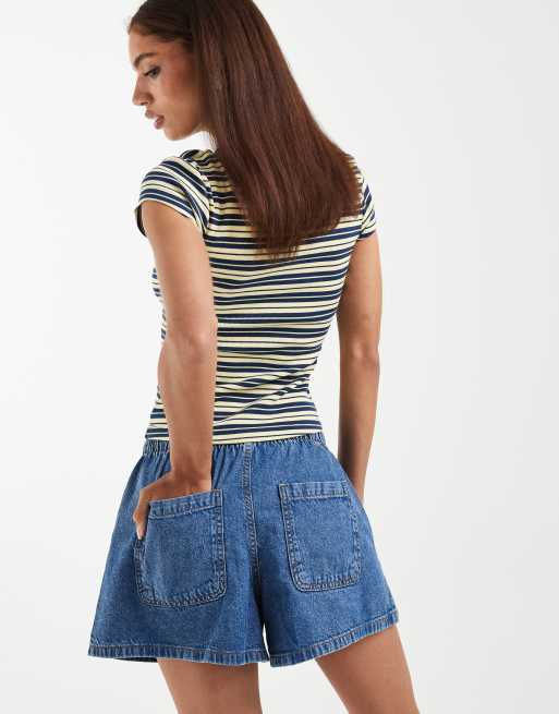 ASOS DESIGN – Gul- och marinblå, randig, ribbad och liten t-shirt, 3 av 4