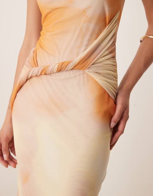 ASOS DESIGN – Gul och orange midiklänning i mesh med snurrad knut framtill och ombréeffekt, 3 av 4