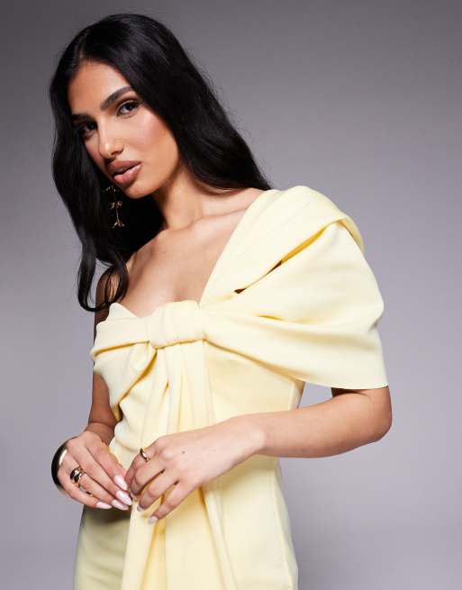 ASOS DESIGN - Gul offshoulder-midikjole med sløjfedetalje i scuba-lignende stof, 3 af 4
