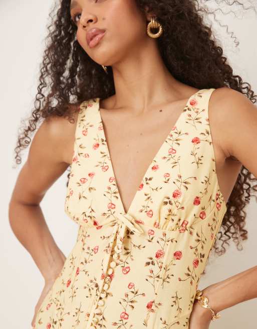 ASOS DESIGN - Gul ærmeløs maxikjole med knapper foran og småprint, 4 af 4