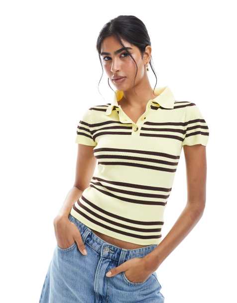 ASOS DESIGN - Gul rugby-top med korte ærmer og striber i fin strik - view 1
