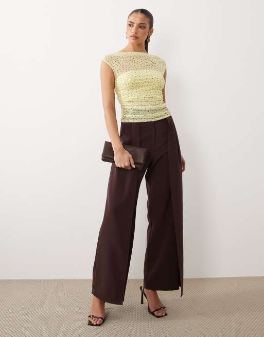 ASOS DESIGN - Gul rynket offshoulder-top med korte ærmer og hvide polkaprikker i mesh, 3 af 4