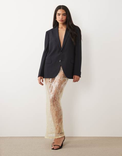 ASOS DESIGN – Gul, skir maxikjol i mesh med paljetter och spets, del av set - view 1