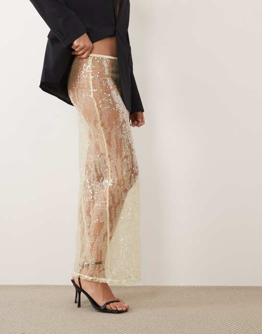 ASOS DESIGN – Gul, skir maxikjol i mesh med paljetter och spets, del av set, 3 av 5