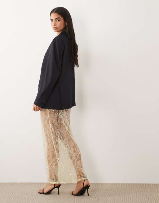 ASOS DESIGN – Gul, skir maxikjol i mesh med paljetter och spets, del av set, 4 av 5