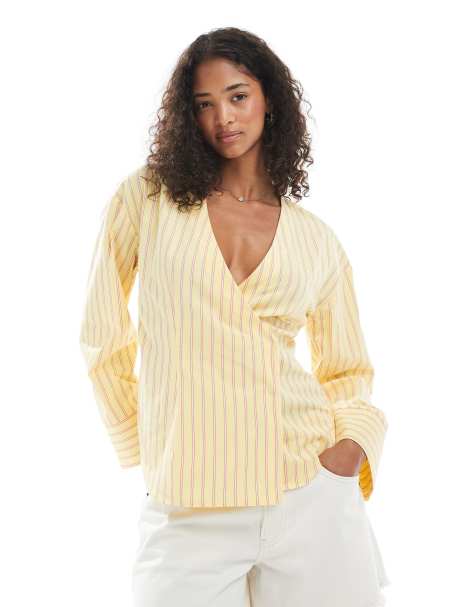 ASOS DESIGN - Gul skjorte uden krave og cocoon-ærmer og striber - view 1
