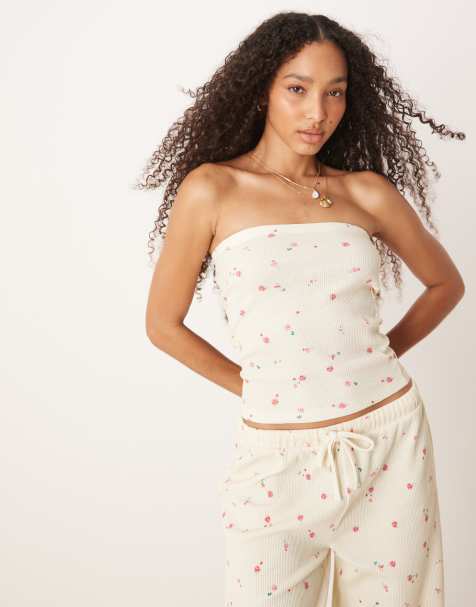 ASOS DESIGN – Gul, småblommig, lång bandeau-topp med våffelstruktur, del av set - view 1