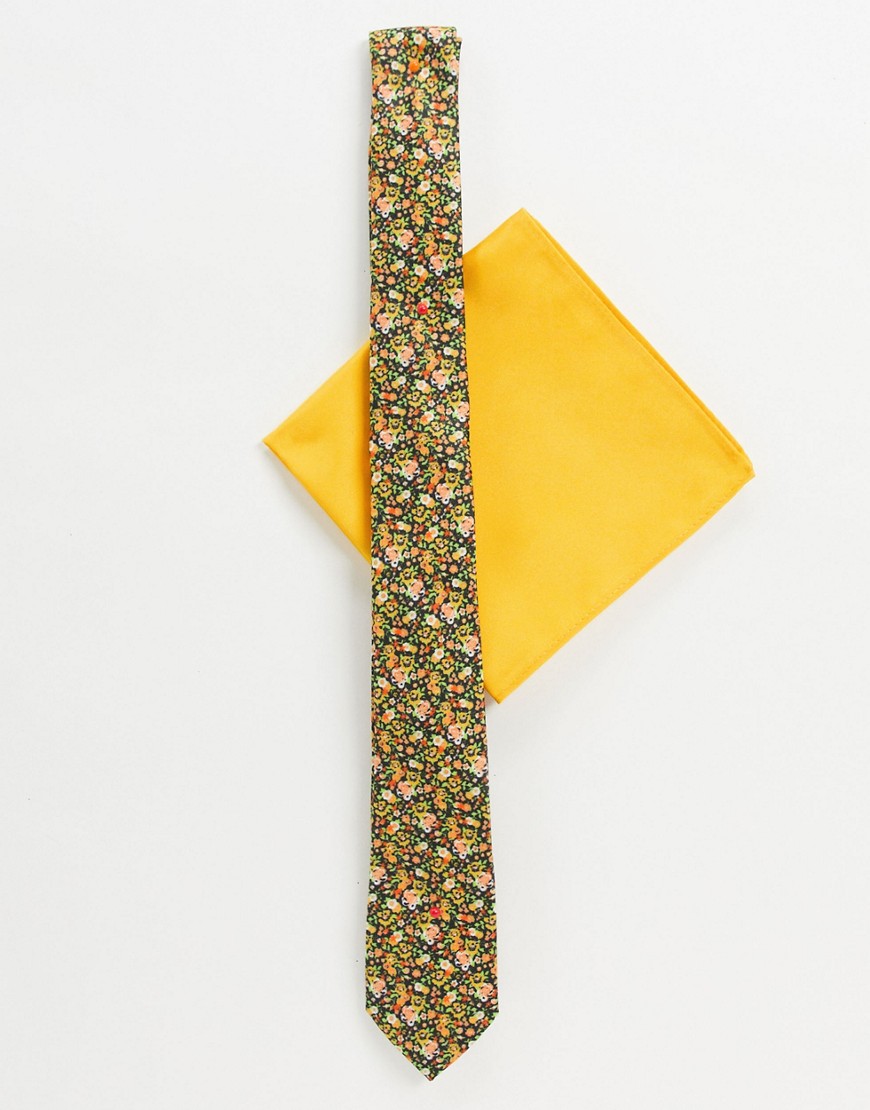 ASOS DESIGN – Gul småblommig slips och bröstnäsduk