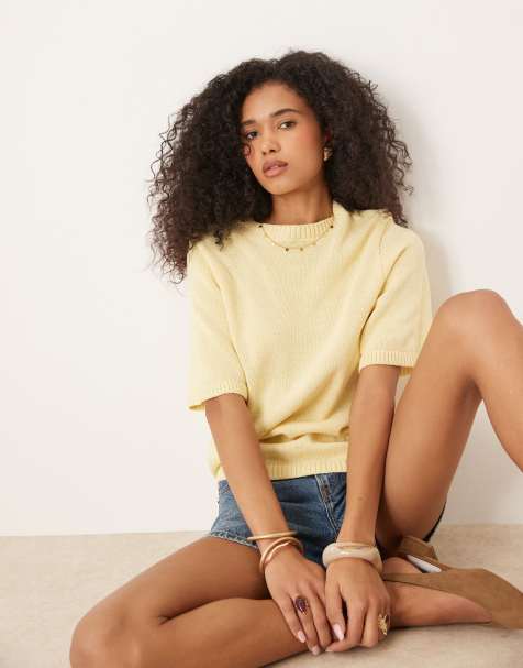 ASOS DESIGN – Gul, stickad t-shirt med boxig passform - view 1