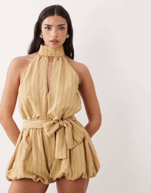 ASOS DESIGN - Gul stribet playsuit med halterneck og bloomer-shorts, 2 af 4