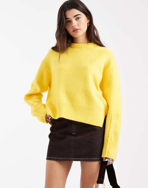 ASOS DESIGN - Gul strikket trøje med rund hals og sideslidser i firkantet pasform - view 1