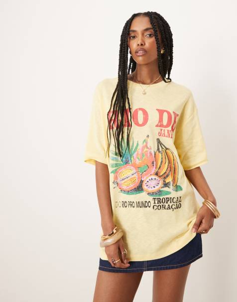 ASOS DESIGN – Gul t-shirt i oversize med Rio de Janeiro- och frukttryck i slubbväv - view 1