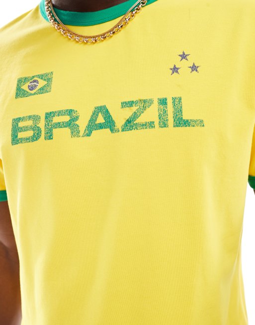 ASOS DESIGN – Gul t-shirt med boxig passform, kantränder och Brazil-tryck framtill, 4 av 4