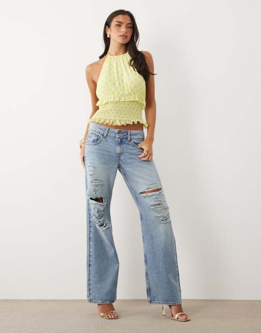 ASOS DESIGN - Gul top med halterneck, rynker og polkaprikker i mesh, 2 af 4