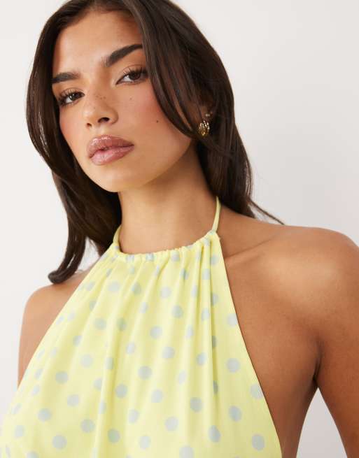 ASOS DESIGN - Gul top med halterneck, rynker og polkaprikker i mesh, 3 af 4