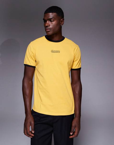 ASOS DESIGN – Gul, tvättad, kraftig t-shirt med kantrand och texttryck - view 1