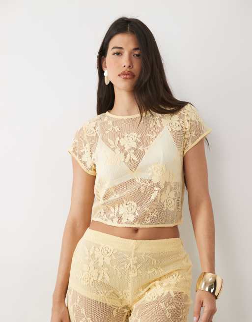 ASOS DESIGN – Gul, virkad, liten t-shirt med blommig spets, del av set, 4 av 4
