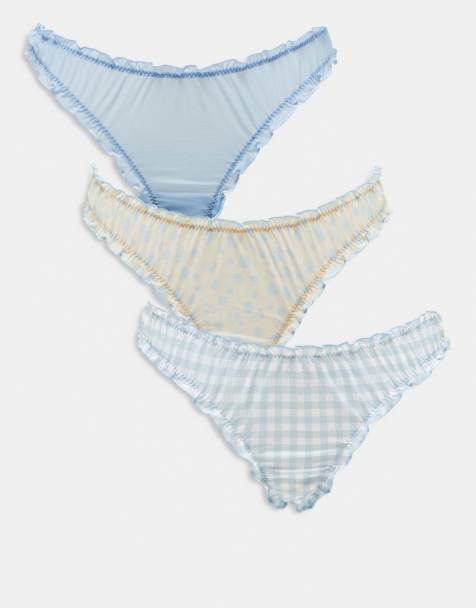 ASOS DESIGN – Gula småblommigt mönstrade, blå enfärgade och blå ginghamrutiga stringtrosor i rynkad mesh, 3-pack - view 1